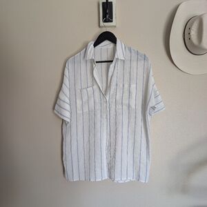 Breezy Beach Inspired Button Down Boxy Shirt Size Medium White with blue Stripe